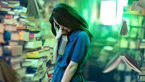 girl, afraid, library