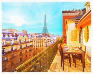 watercolor paris, paris balcony, eiffel tower